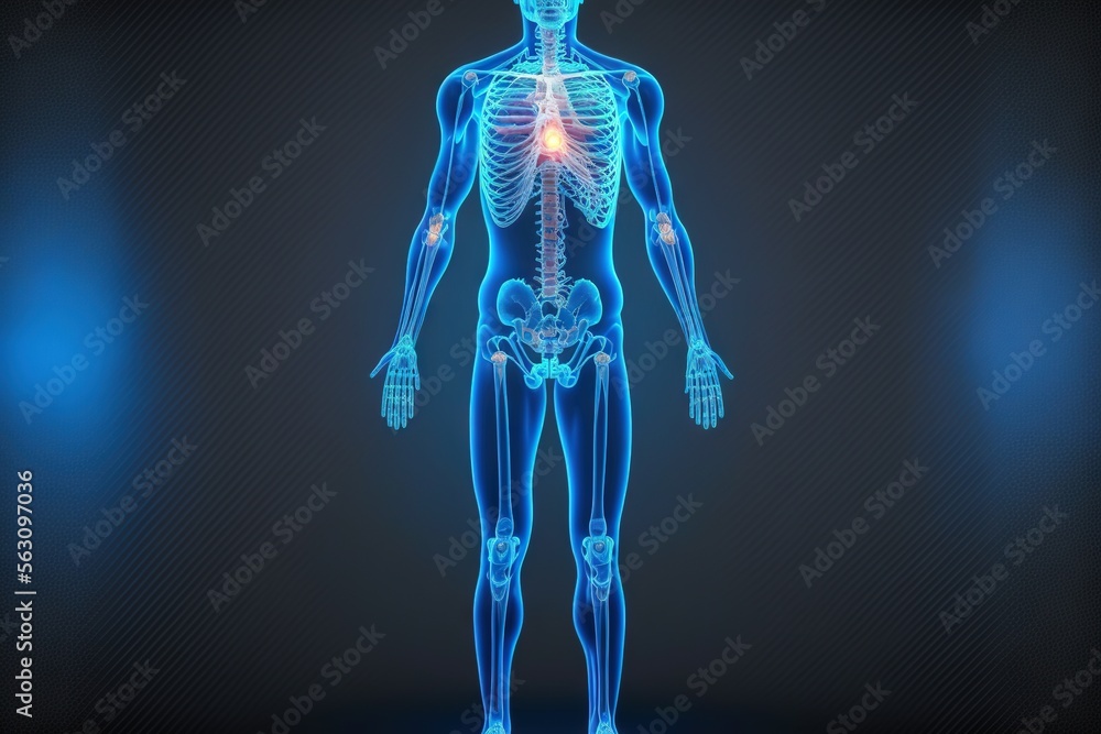 Poster a human skeleton with the highlighted organs highlighted in blue light photo of a human body with th