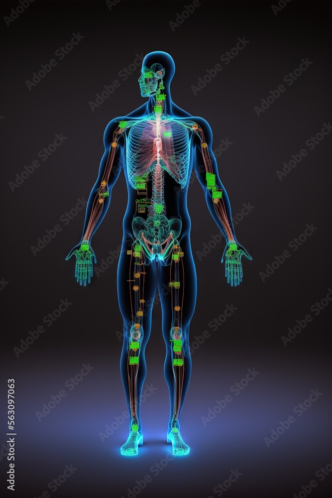 Poster a human skeleton with the skeleton highlighted in neon colors and bones highlighted in green and blu