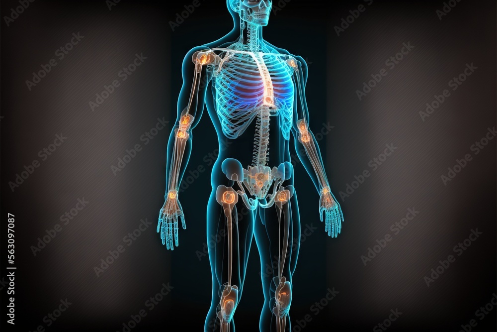 Poster a skeleton with the bones highlighted in blue and yellow lights, with the bones highlighted in red a