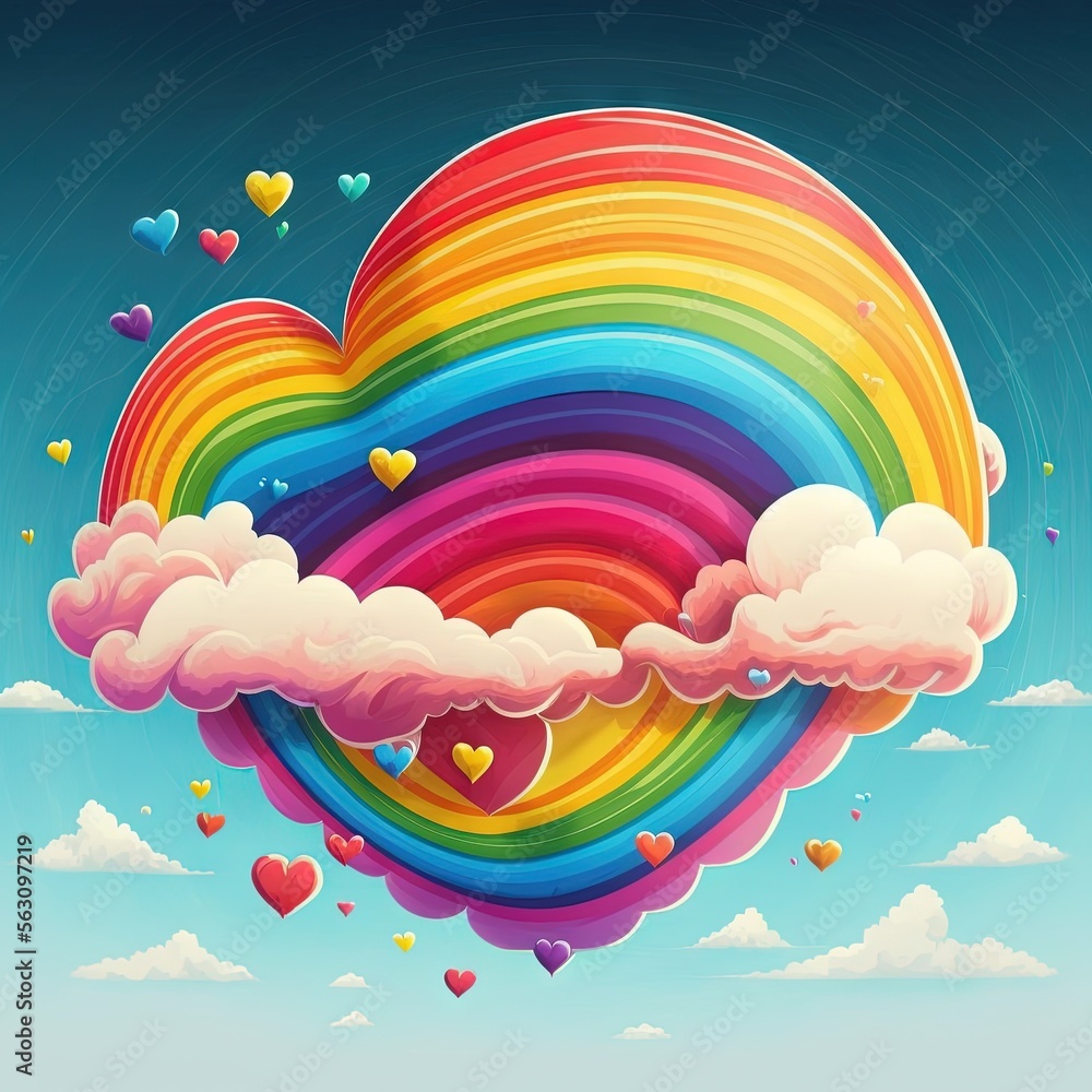 Poster a rainbow heart shaped cloud with hearts floating in the sky above it and clouds in the sky above it