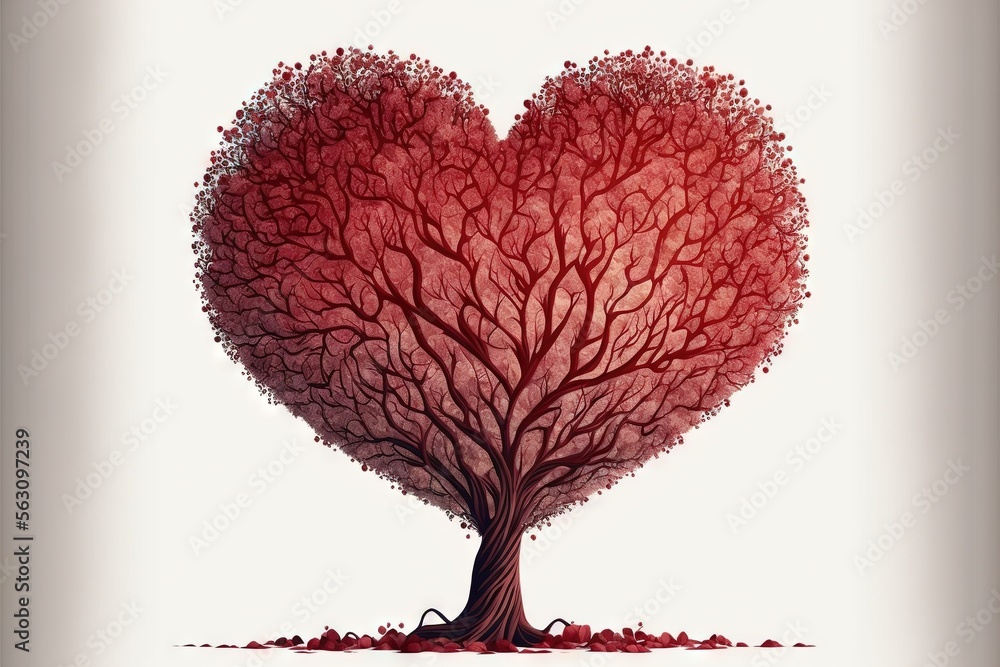 Poster a tree with a heart shaped trunk on a white background with a red background and a white background 