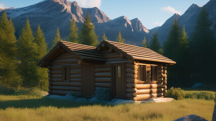 Fototapeta premium small log cabin on the outskirts, in the middle of the environment, Generative AI