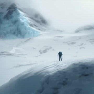 Man walking through Antarctic snow, long journey, small figure, endurance.  Generative AI.