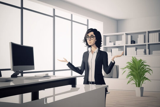 cartoon of a businesswoman showing office, ai generated