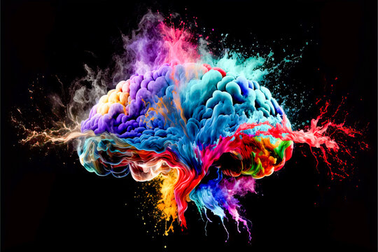 Human brain body art,  bright colorful smoke and light on a black background, abstract art. Bright green, yellow, pink, purple and blue from the mind and thoughts. Image was created with digital art.	