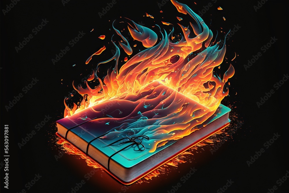 Poster a book with a flame on it on a black background with a black background and a red and blue flame on 