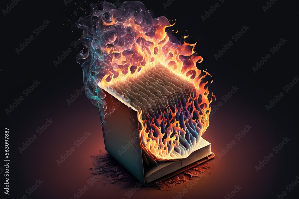 Poster a book is on fire with a black background and a black background with a red and blue flame coming ou