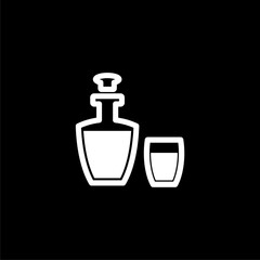Brandy bottle and snifter glass icon isolated on black background.