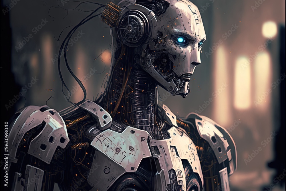 Poster a robot with a blue eyes and a mechanical body is standing in a dark room with a window behind it an