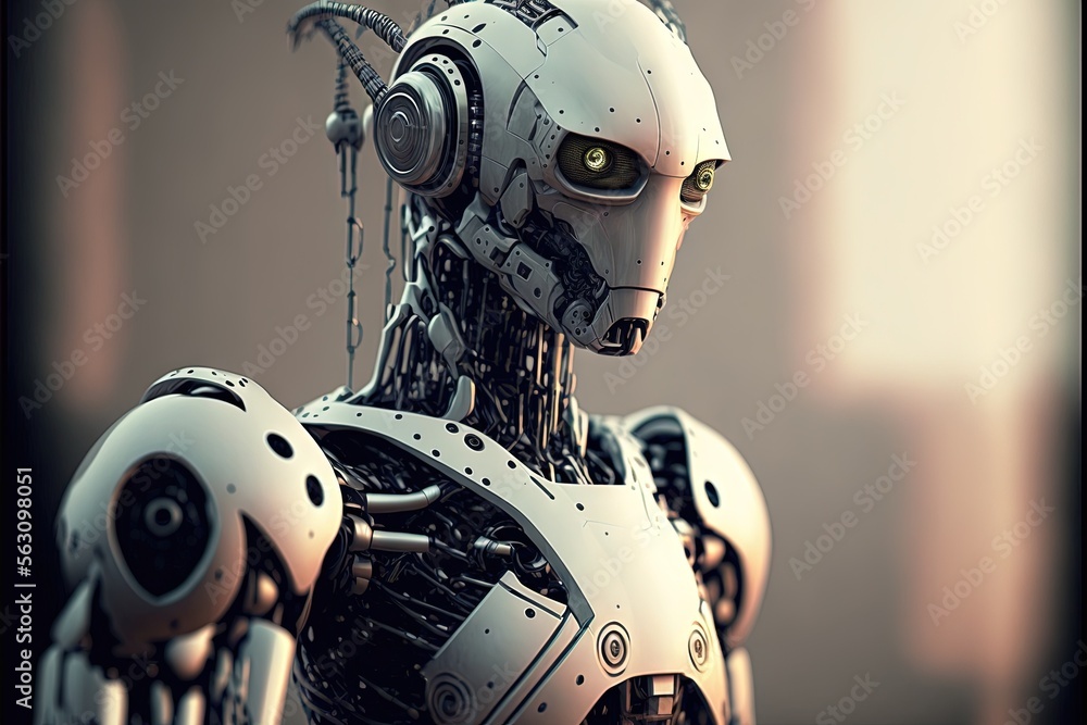 Poster a humanoid robot standing in front of a building, with a blurred background the robot appears to be 