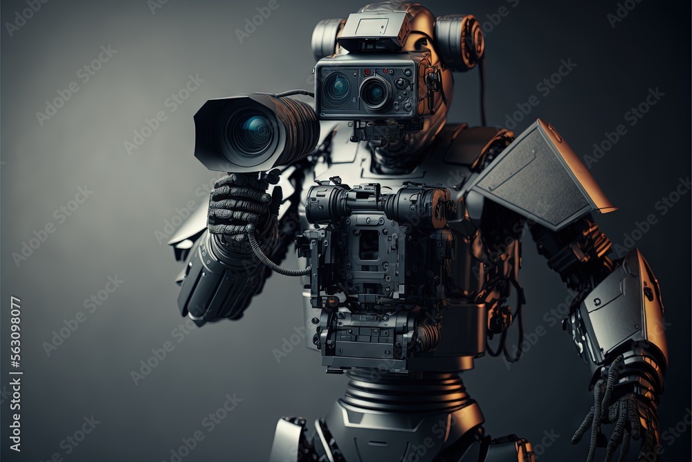 Poster a robot with a camera on his arm and a camera in his hand, standing in front of a gray background wi