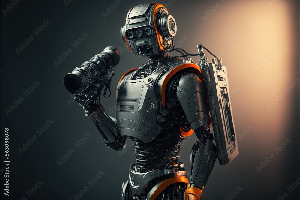 Poster a robot is holding a camera and a light in the background is a dark room with a light coming from it