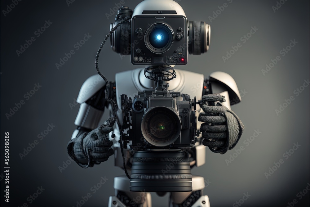 Poster a robot with a camera on its head, set against a dark background the robot appears to be a videograp