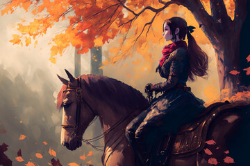 Obraz na płótnie Canvas Generative AI brings to life: A Woman and Horse under an Autumn Tree