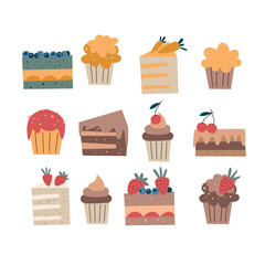 vector set of elements of cakes and pastries. Cupcakes, carrot cake, fruits and berries Clipart for postcards, banner posters and flyers. Isolated elements on a white background. 