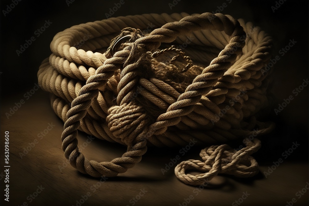 Poster a rope with a knot on it on a table next to a pair of shoestriffs and a bottle of wine on the floor 