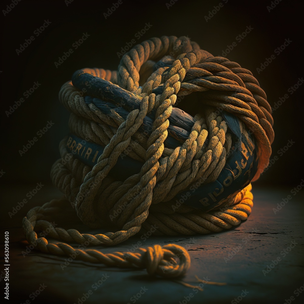 Poster a rope is wrapped in a ball of rope on a table top with a black background and a yellow cord is on t