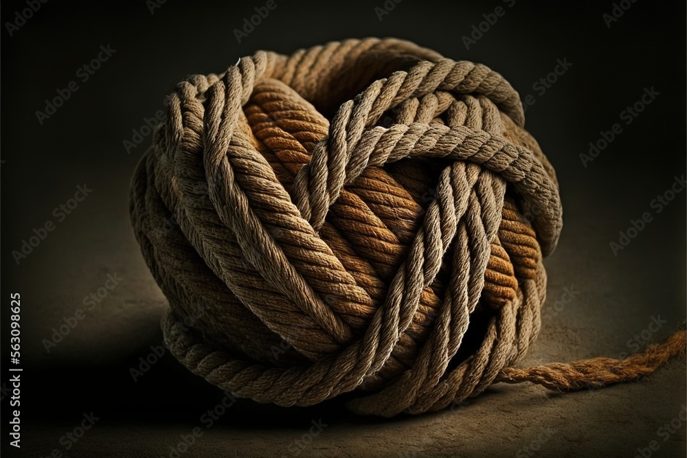 Poster a ball of rope is shown on a dark background with a brown cord on the end of the rope and a brown st