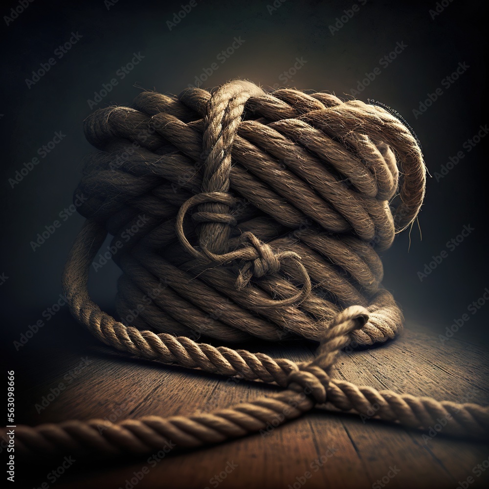 Poster a rope is wrapped in a knot on a wooden table top with a black background and a dark background with
