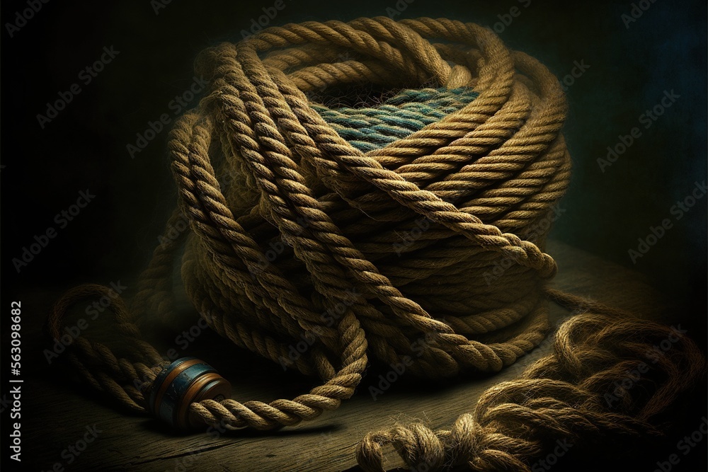 Poster a rope and a knot on a wooden table with a blue background and a black background with a blue stripe