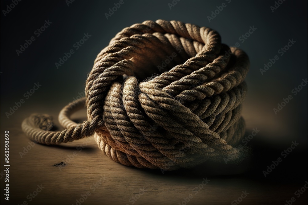 Poster a rope is on a table with a black background and a white rope is on the floor with a black backgroun