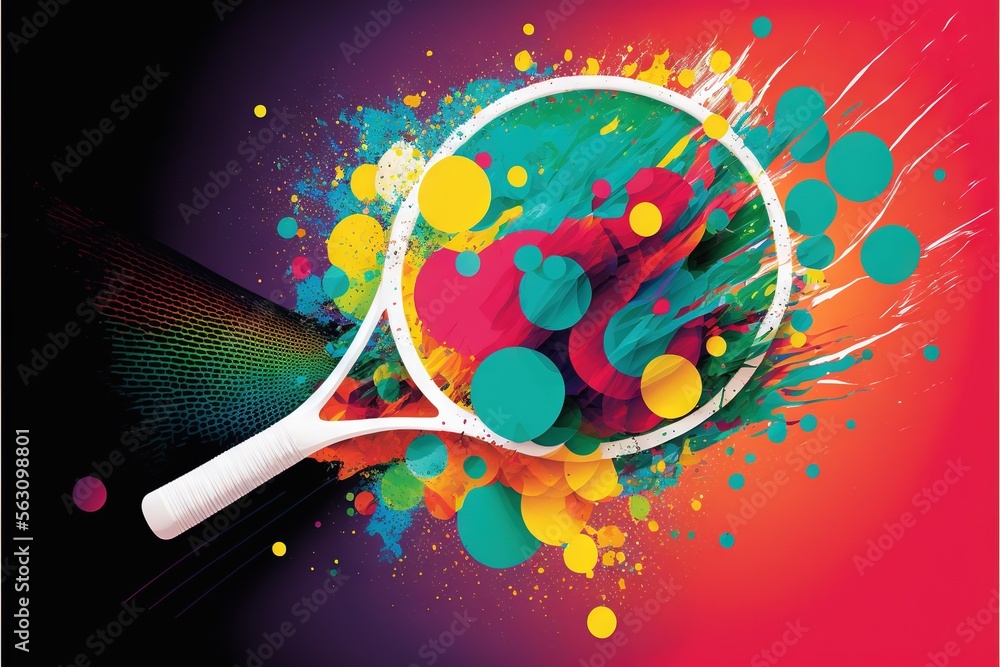 Poster a colorful tennis racket with a splash of paint on it's side and a black background with a white fra