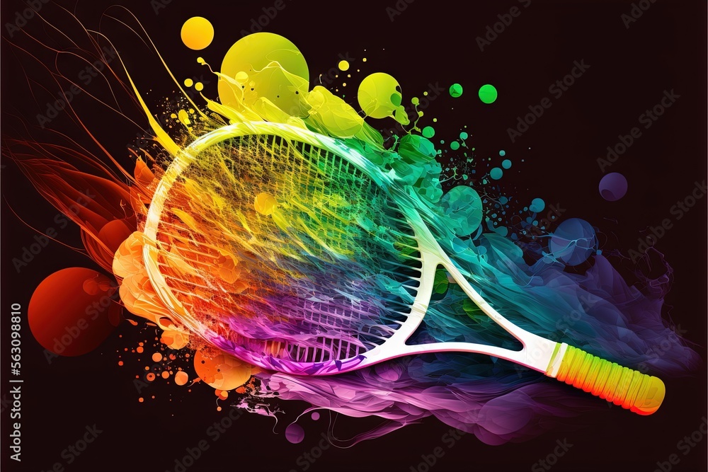 Poster a tennis racket with a colorful background and splashes of paint on it's side and a splash of paint 