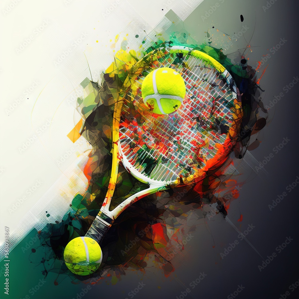 Poster  a tennis racket and two tennis balls on a colorful background with a splash of paint on it and a white background with a black border with a white border Generative AI