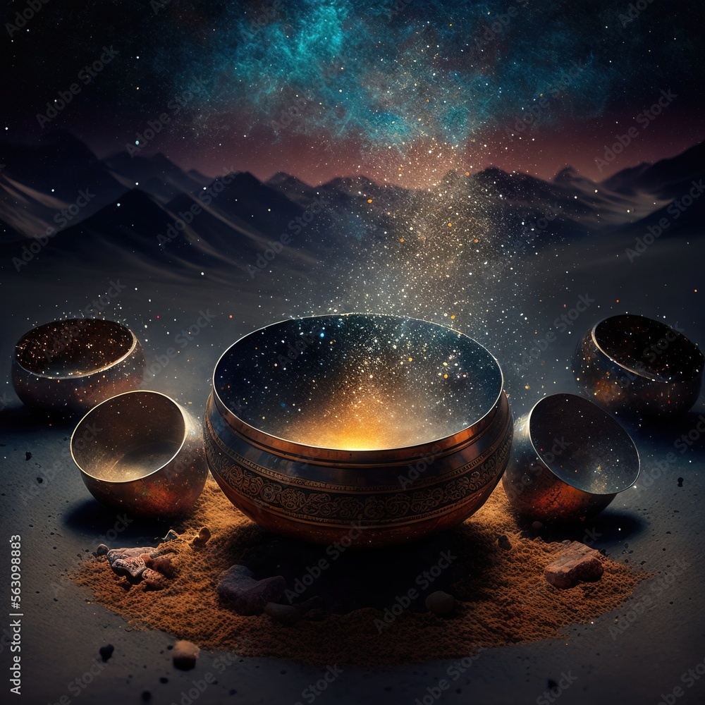 Poster a bowl with a star in the sky and other bowls around it on a table with rocks and sand on it and a m