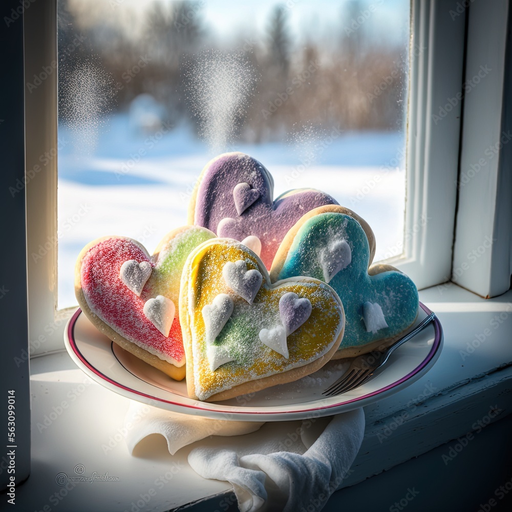 Poster a plate of heart shaped cookies on a window sill with snow outside the window behind it and a snow c