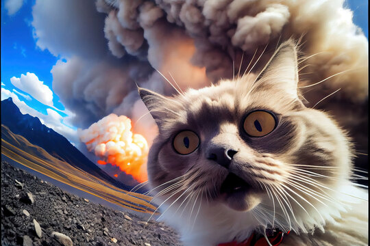Cat taking a selfie in front of erupting volcano, generative ai