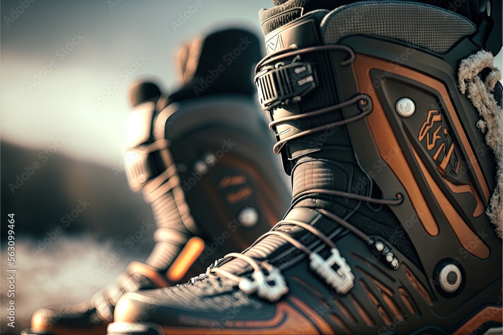 Poster a pair of ski boots with a snowboarder's feet and boots on the ground with a mountain in the backgro