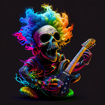 Baby skeleton with colorful hair playing guitar. Generative AI.