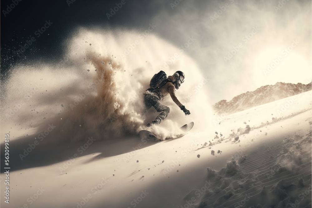 Poster a man riding a snowboard down a snow covered slope in the snow with a sky background and a cloud of 