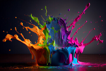 Exploding liquid paint in rainbow colors with splashes. Created with Generative AI technology