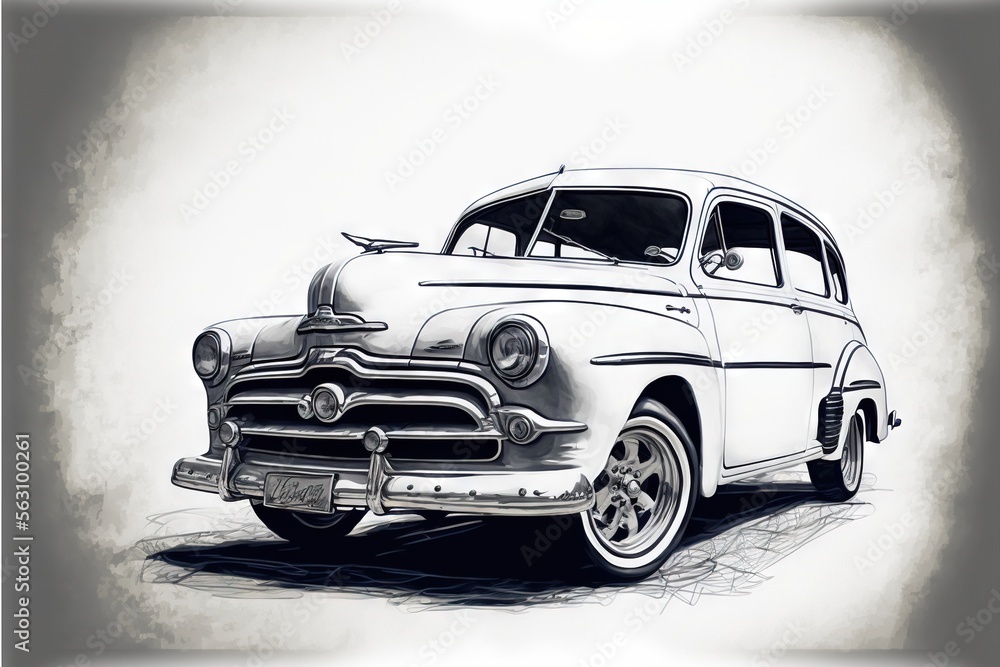 Poster a drawing of a classic car on a white background with a gray background and a gray background with a