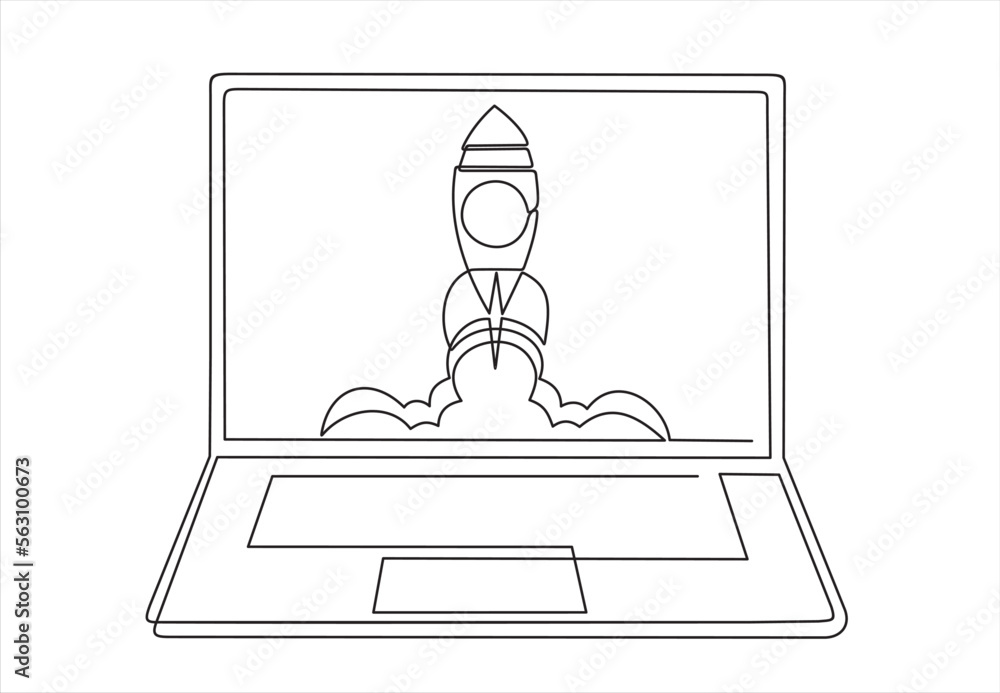 Poster continuous one line drawing of rocket launch, ship on screen laptop. continuous line drawing. startu