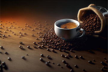 Tasty espresso served in cup with coffee beans around and spoon