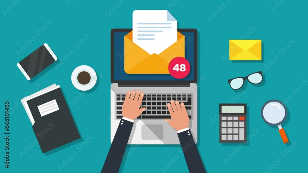 Poster email with counter social media concept motion animation.businessman typing text on the laptop keybo