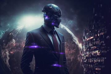 A cyborg robot or gentleman in a business suit standing in front of holograph of the earth.  Hi-Tech illustration, cyberspace urban background 