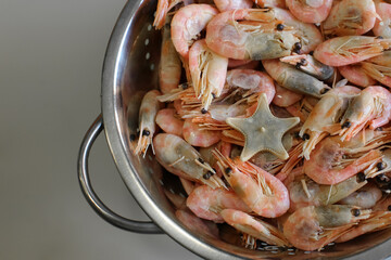 Shrimp and  one starfish in a mettalic colander