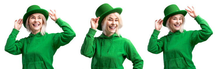 Beautiful smiling woman wearing green hat. White background. Banner of three poses of one woman.