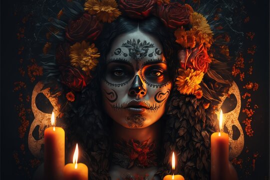 Dia de los muertos, Mexican holiday of the dead and halloween. Woman with sugar skull make up and flowers. This image is generated with generative AI	