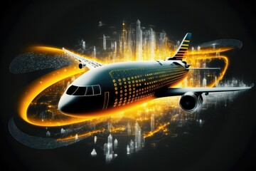Generative AI global plane business transport , yellow futuristic internet conexions digital world