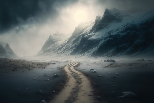 winter mountains path. cold muddy road leading to the mountains. fantasy winter path.