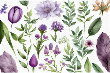 Fototapeta premium Artistic Nature: A Hand-drawn Seamless Watercolor Pattern with Purple Flowers and Leaves, AI Generated