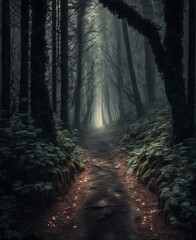 road in the green forest. fantasy forest.
