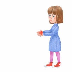 A little girl holds a valentine in her hand, a gift for mom, a card, a congratulation on valentine's day, a color digital illustration and her own space for an inscription