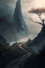 fantasy medieval path in a dry mountain landscape. Clouds and mist.