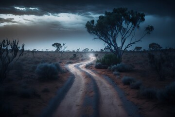 Savannah Africa landscape at night with a fantasy dirt road heading to the horizon. Acacia, Combretum, baobabs, Borassus, and Euphorbia vegetation.